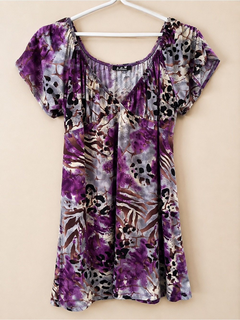 Bellina Purple Animal Print Flowy Tunic Top – Stretchy M/L